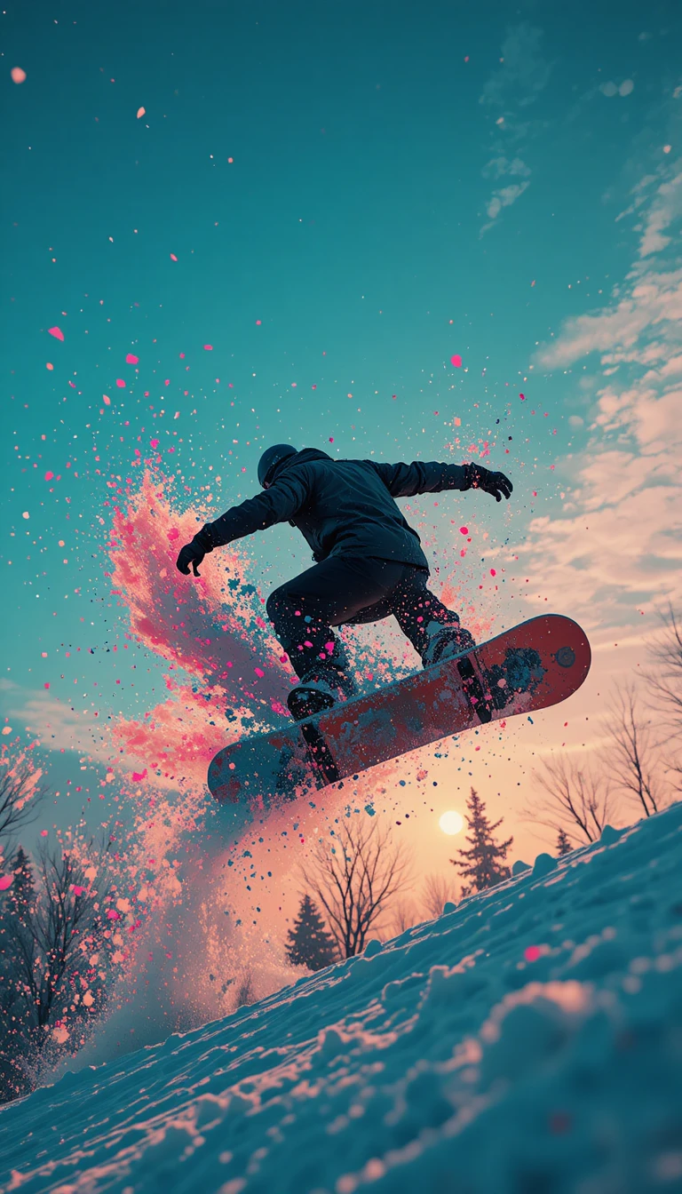Snowboarder en cork spin éclatant en mouvement pictural dans le ciel au crépuscule