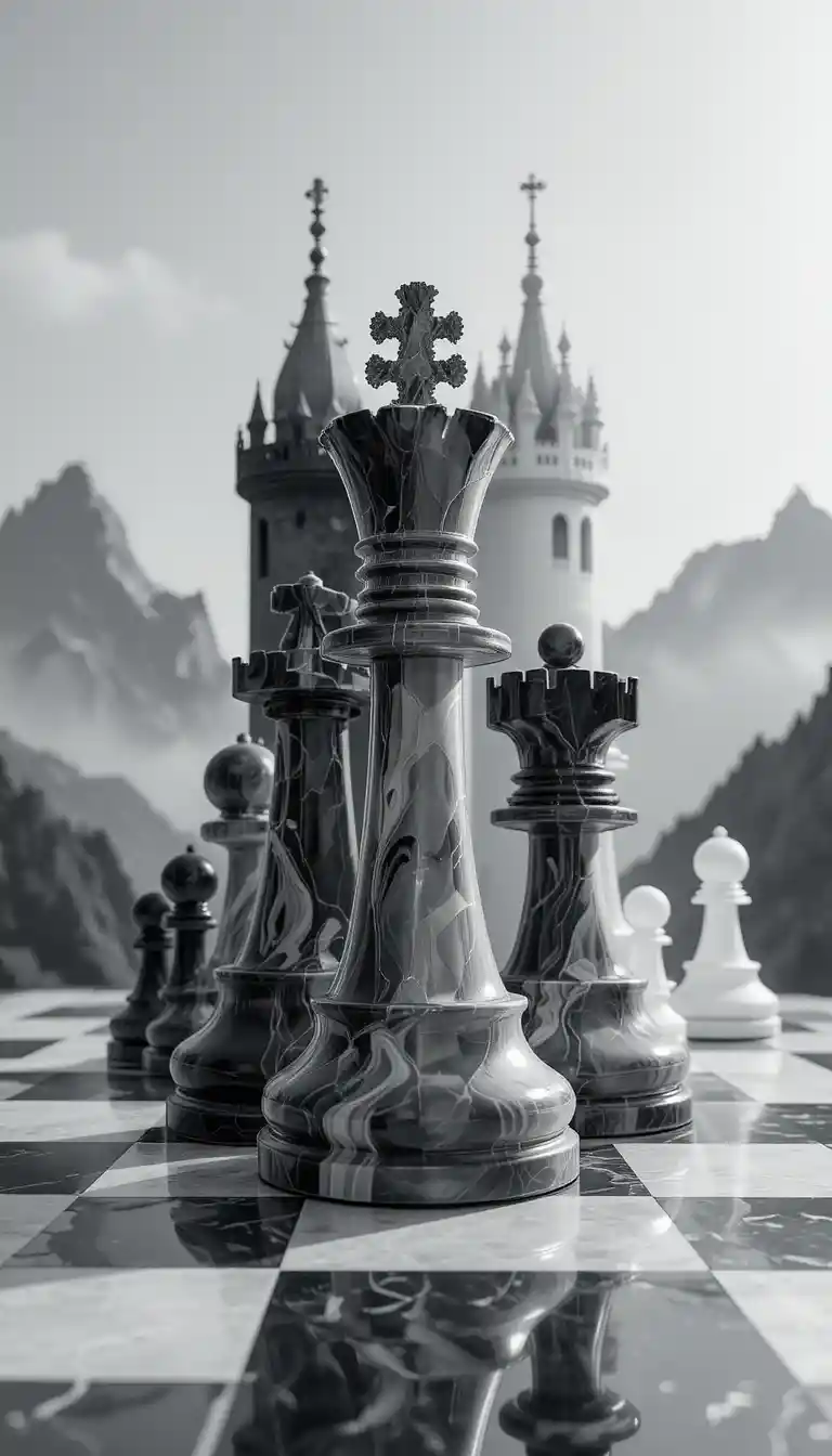 超現實山巒城堡上的雙重曝光西洋棋棋子