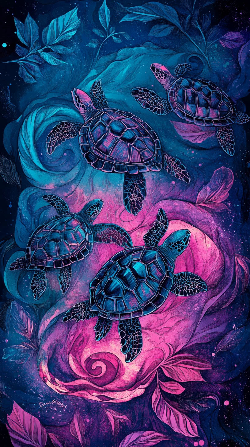 Tortugas marinas oníricas elevándose desde un vórtice pastel en espiral