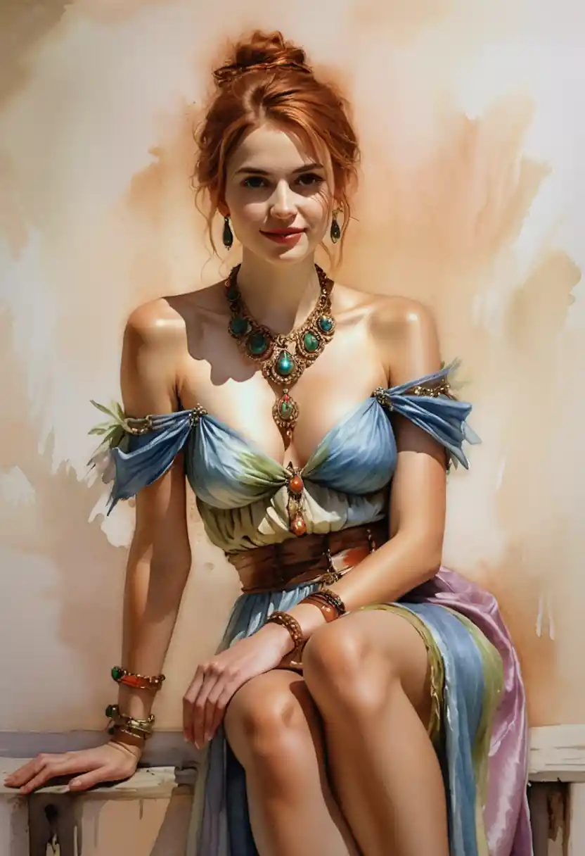Femme rousse rêveuse en portrait impressionniste pastel