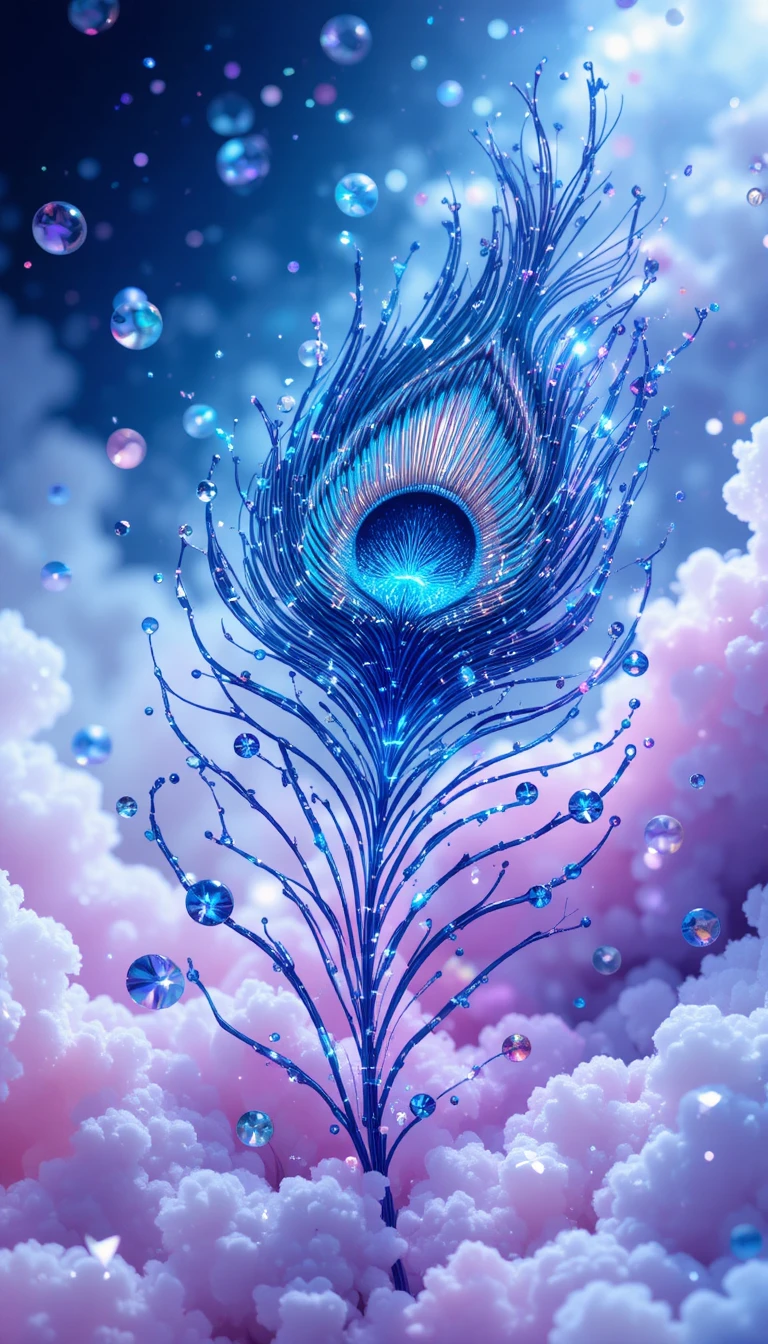 추상 파스텔 공작 깃털 위를 소용돌이치는 네온 구슬