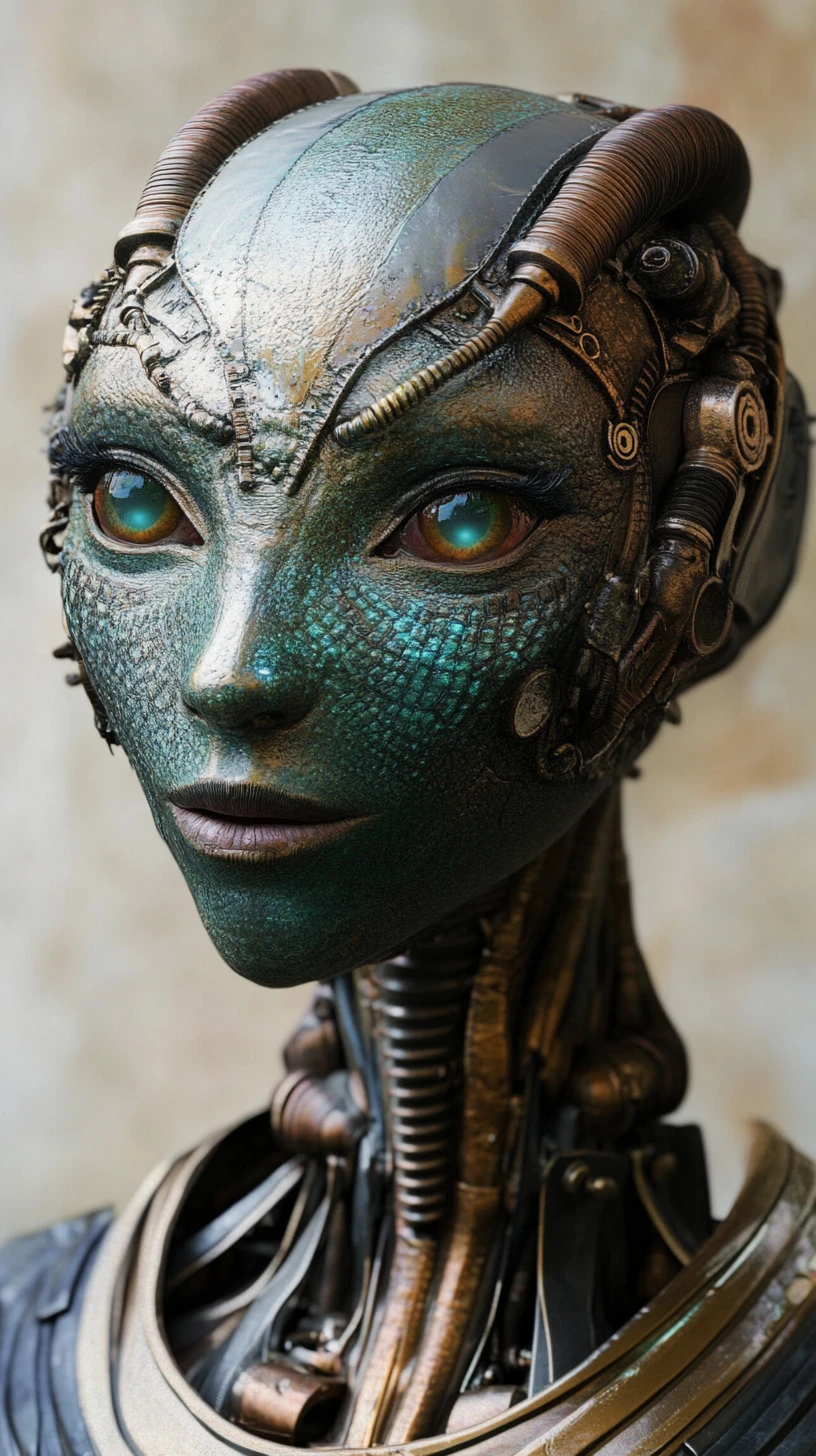 Portrait hyperréaliste aux trois quarts d’une femme cyborg reptilienne steampunk