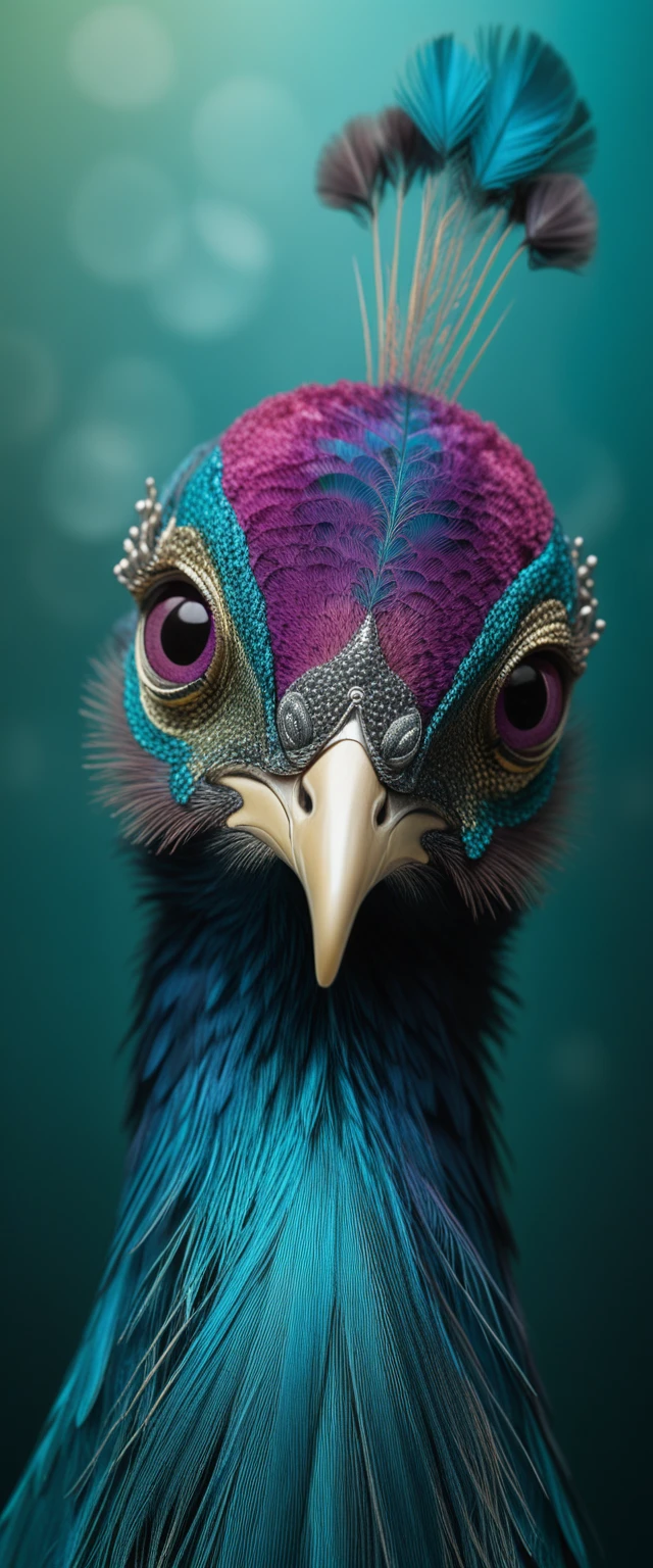 Perfil majestoso de pavão com plumagem iridescente 3D em tons de joia