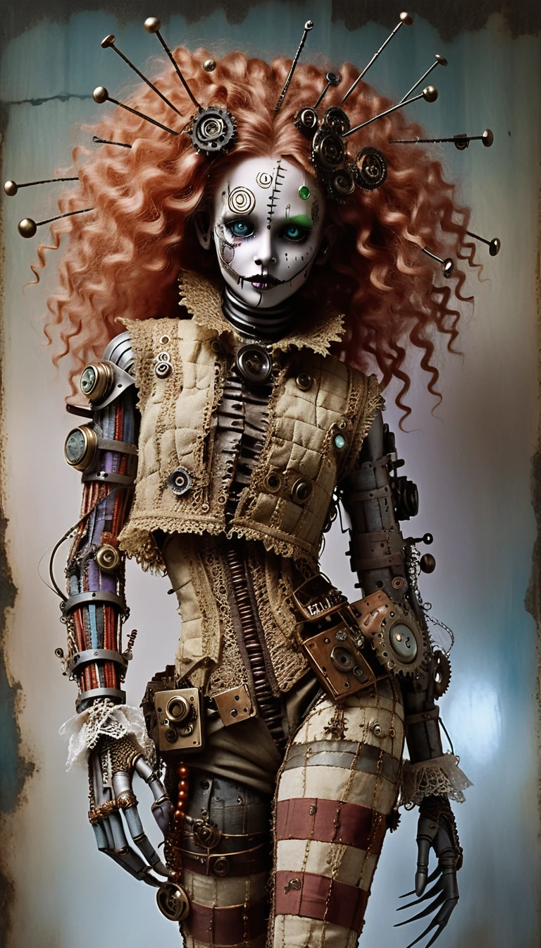 Mulher boneca de trapos gótica steampunk em perfil lateral de corpo inteiro