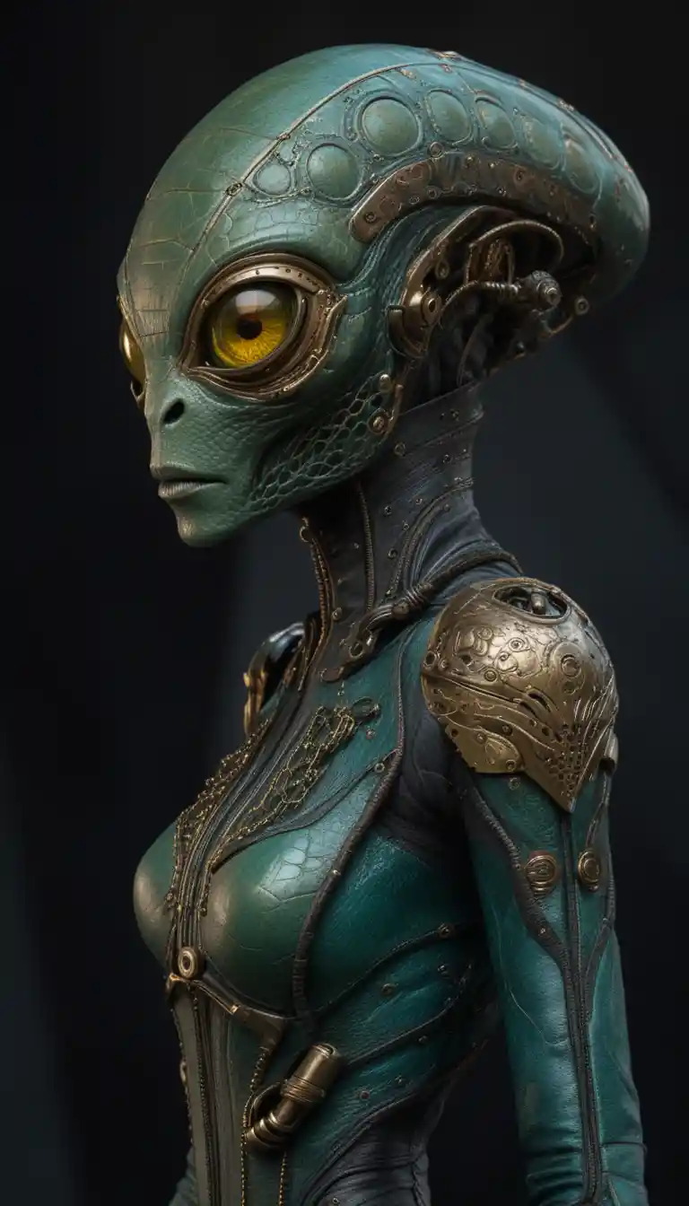 Cyborg femminile aliena rettiliana con elaborata armatura steampunk