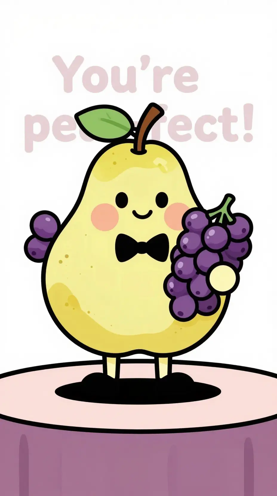 Adorable poire anthropomorphe sur scène avec bouquet de raisins