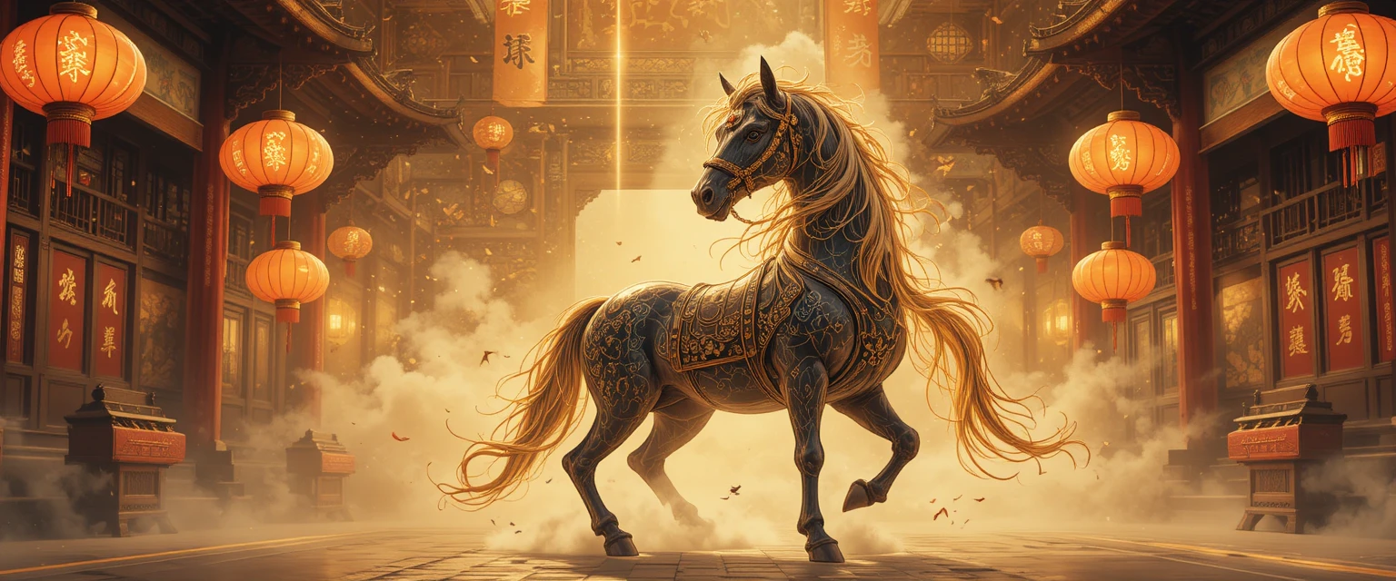 Ilustração em tinta de cavalo com decorações de Ano Novo Chinês