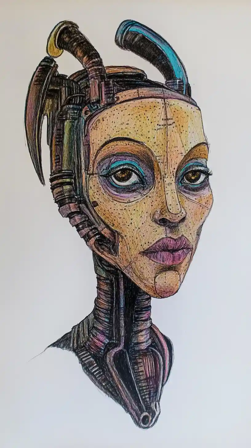 Cyborg reptilian woman in ornate steampunk biomechanical armor