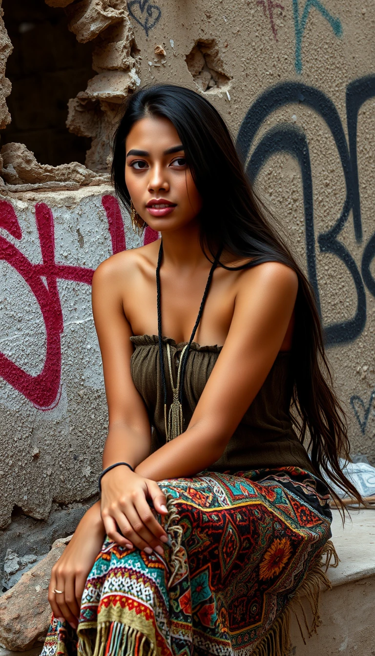 Jovem mexicana em estilo cholo diante de parede com grafite