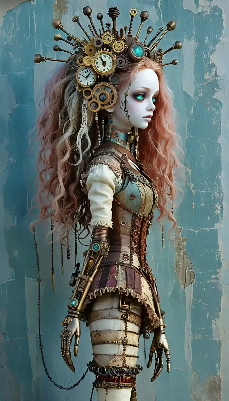 Steampunk gothic ragdoll woman in side profile portrait