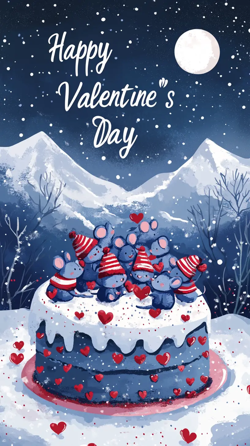 雪山中有可愛小老鼠的情人節蛋糕
