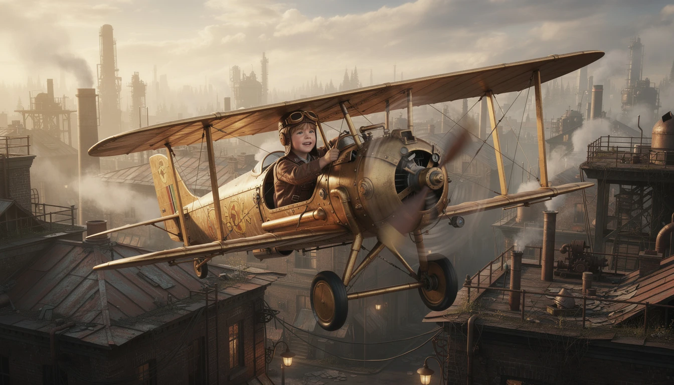 Joyful young aviator flying above a steampunk city