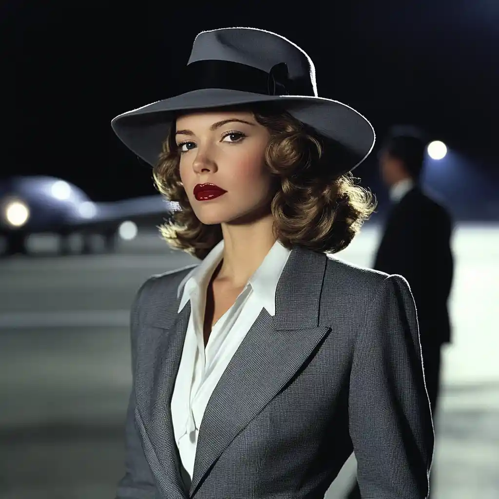 Stylish woman in fedora on airport runway at night