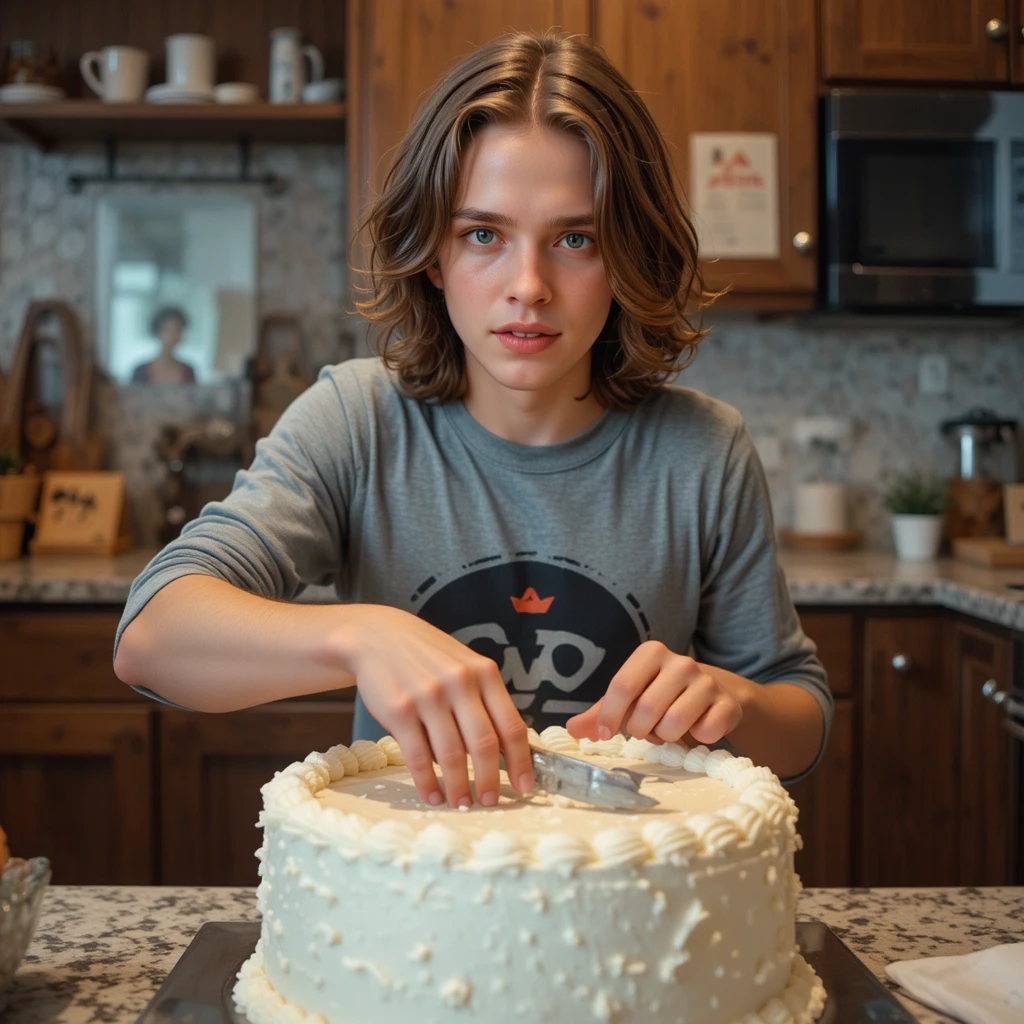 Giovane che decora una torta in una cucina luminosa
