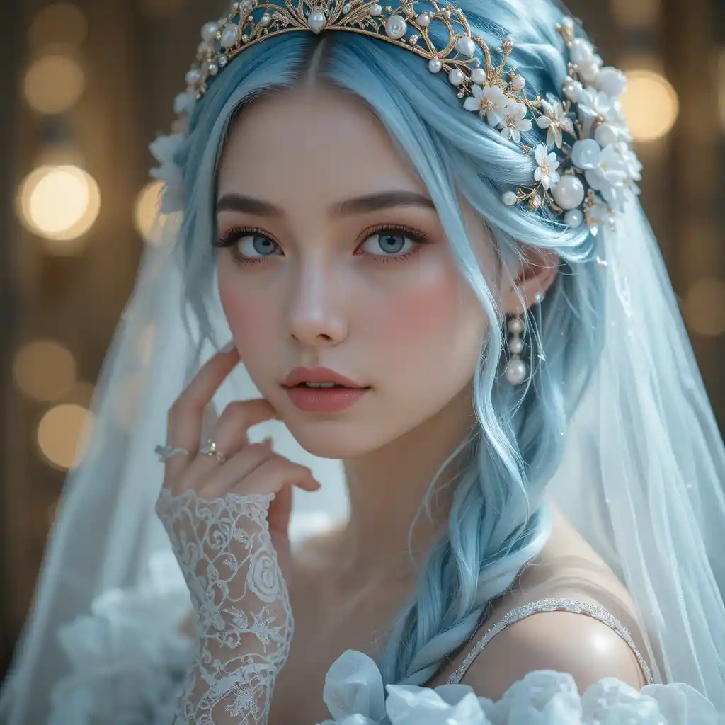 Ethereal fantasy woman with blue hair and jeweled tiara