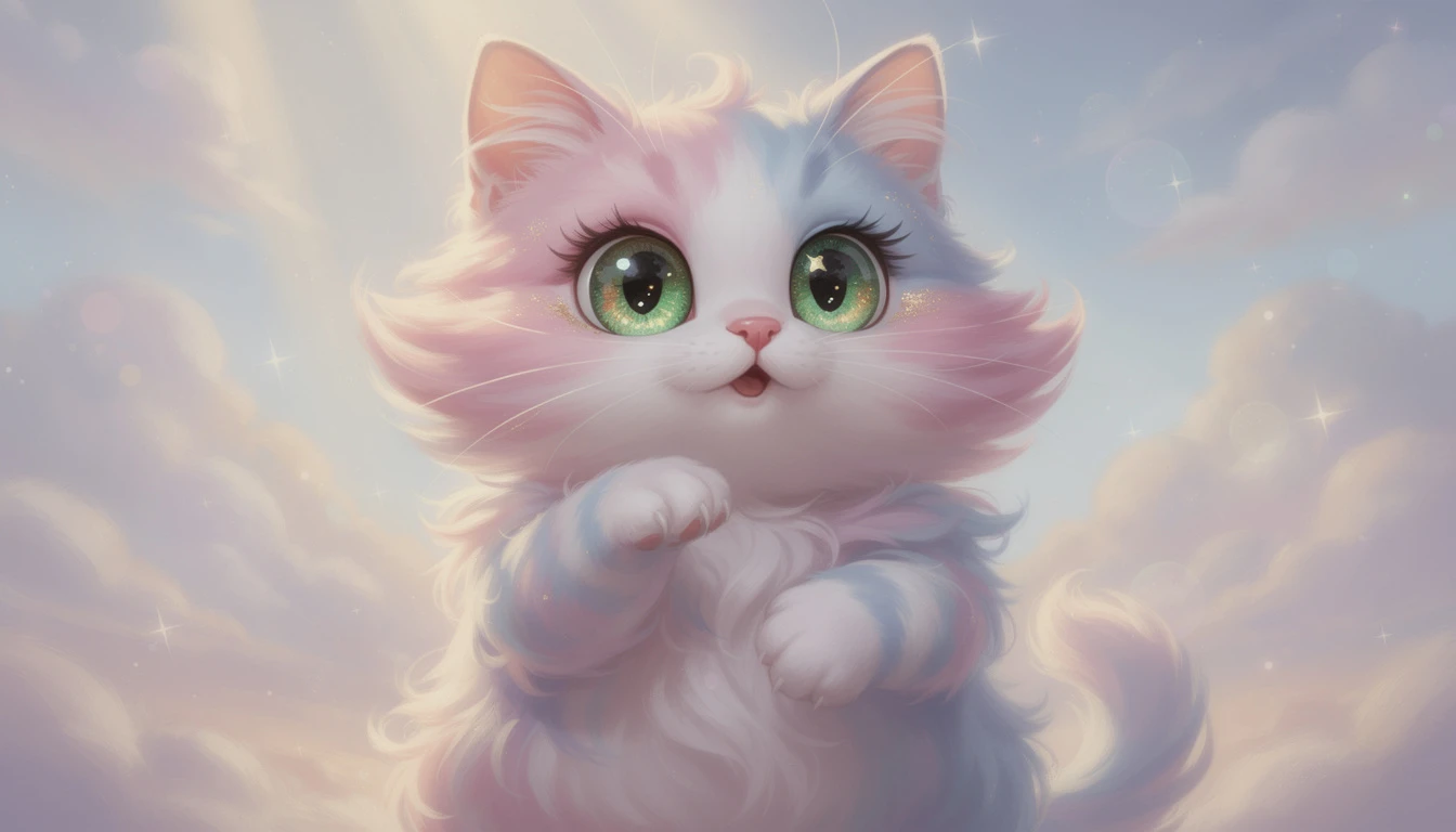 Chat pastel duveteux debout avec d’énormes yeux verts