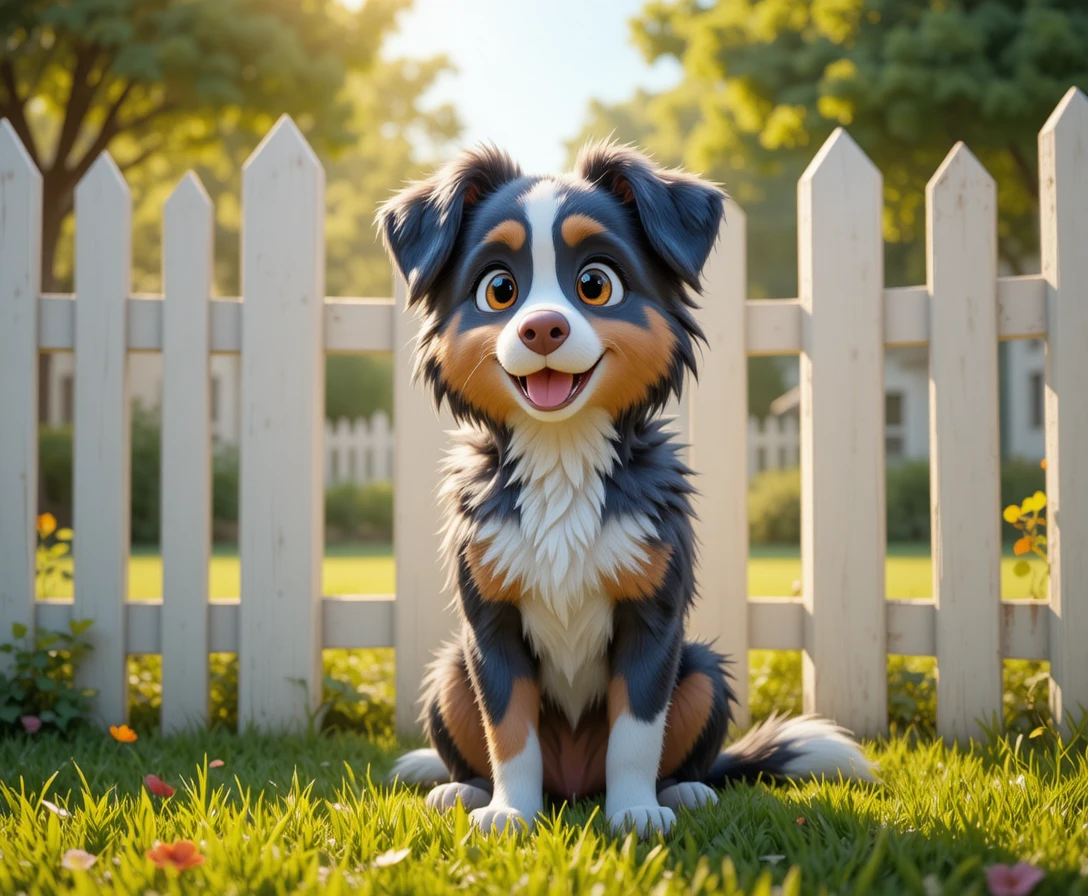Blue-Merle-Schäferhund sitzt in einem sonnigen, eingezäunten Garten