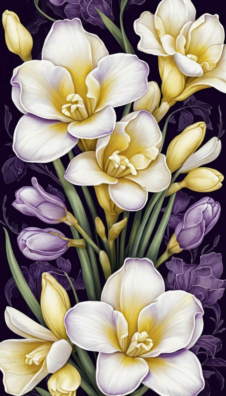 Volantino con illustrazione vettoriale di fresie bianche, gialle e viola