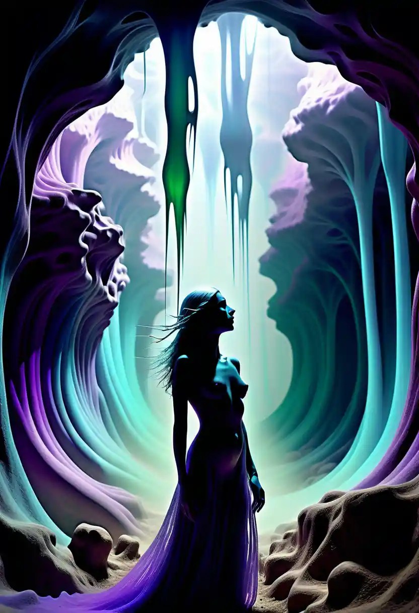 Androgynous cosmic figure suspended in a vast dark void