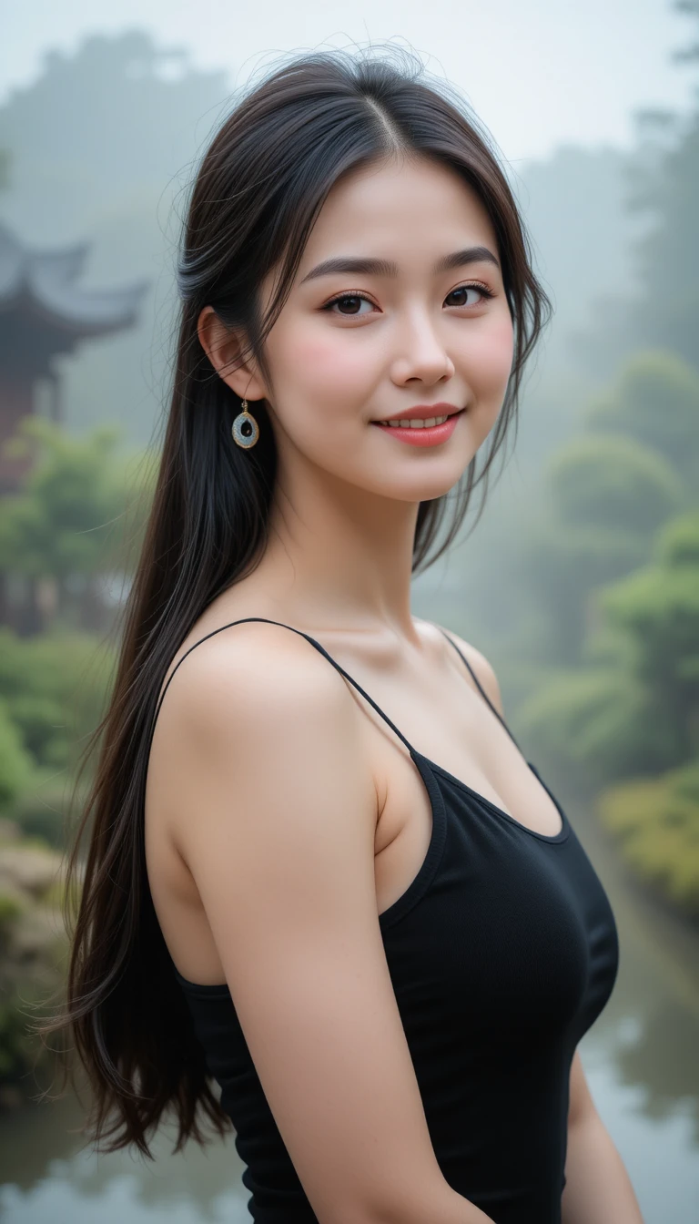 Femme asiatique sereine en débardeur noir dans la brume du jardin