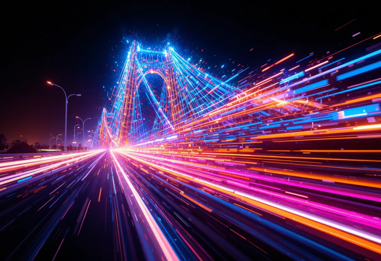Ponte de néon correndo pela escuridão com trilhas de luz vibrantes