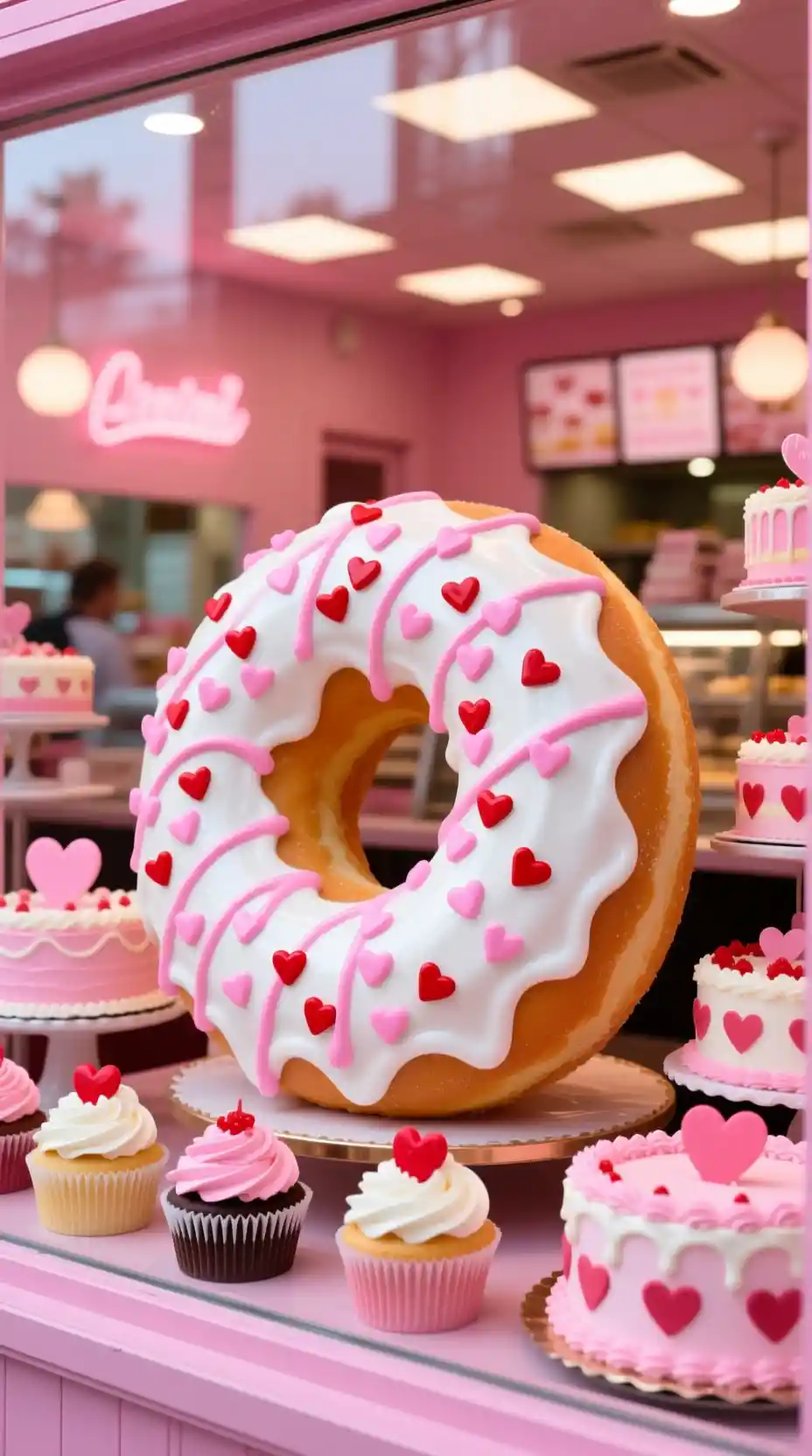 Donut gigante glaceado na vitrine rosa de um restaurante de Dia dos Namorados