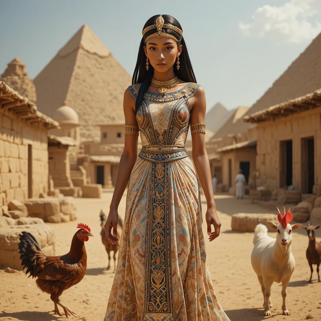 古代エジプトの女性ファラオが素朴な村を歩く姿