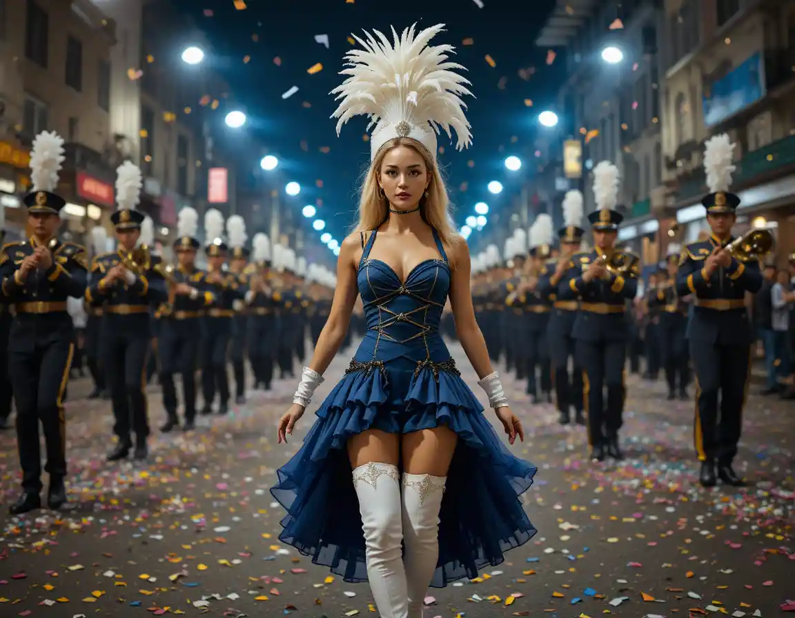 Woman leading a lively night street parade performance