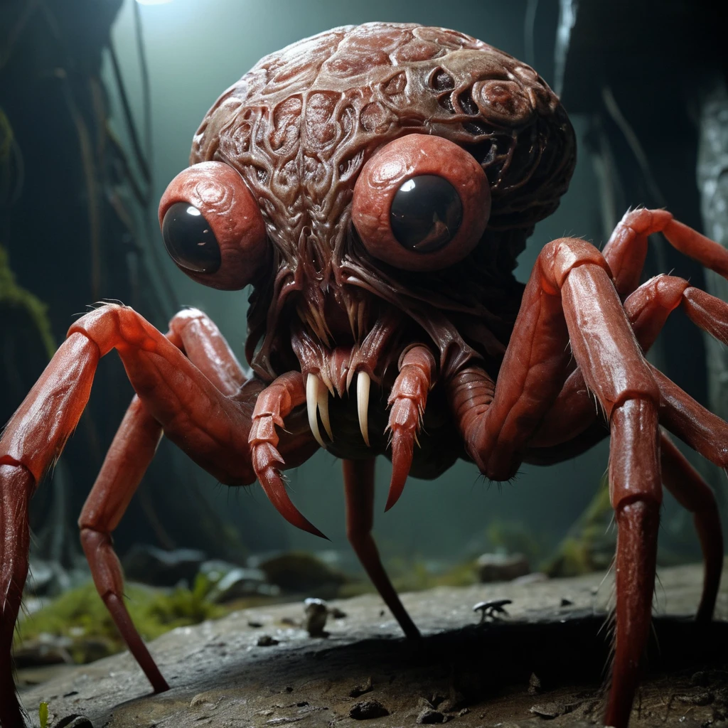Monstro grotesco de aranha-cérebro pairando em primeiro plano