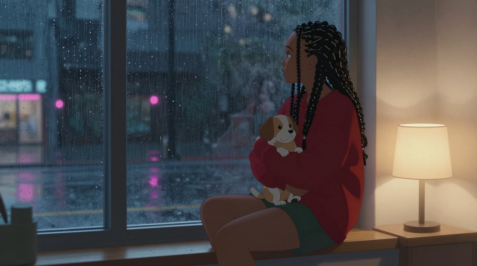 Femme afro-futuriste façon anime à la fenêtre avec un petit chien