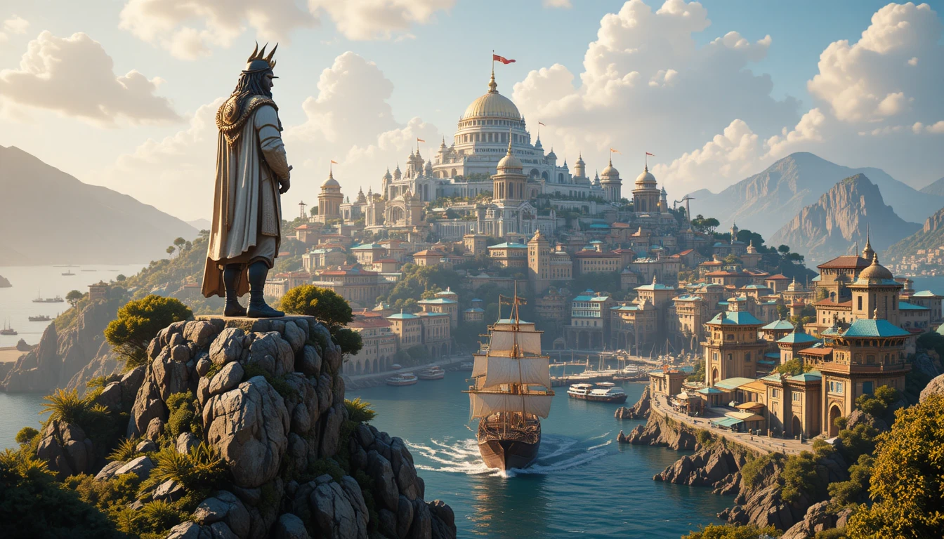 Majestic fantasy city and harbor guardian statue at sunset