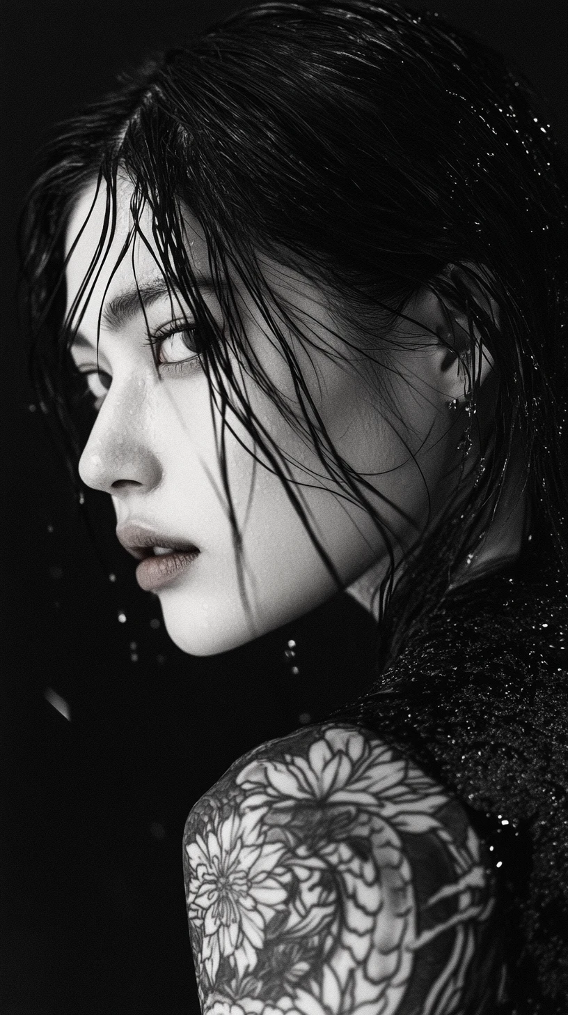 Monochrome portrait of an East Asian woman with dragon tattoo
