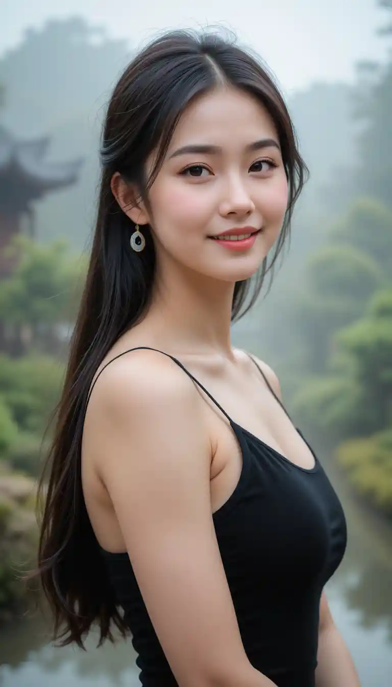 Serene Asian woman in a black tank top in garden mist
