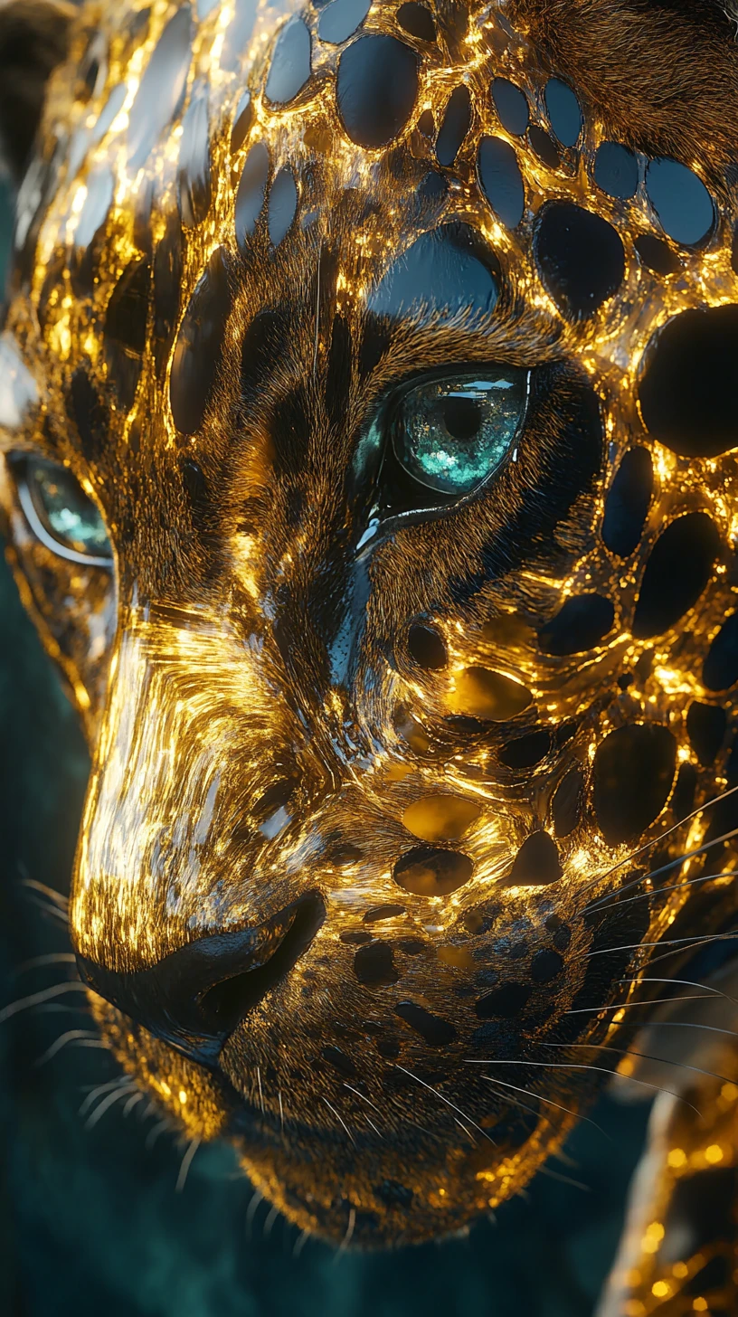 Retrato de jaguar fundido com placas minerais translúcidas e ouro