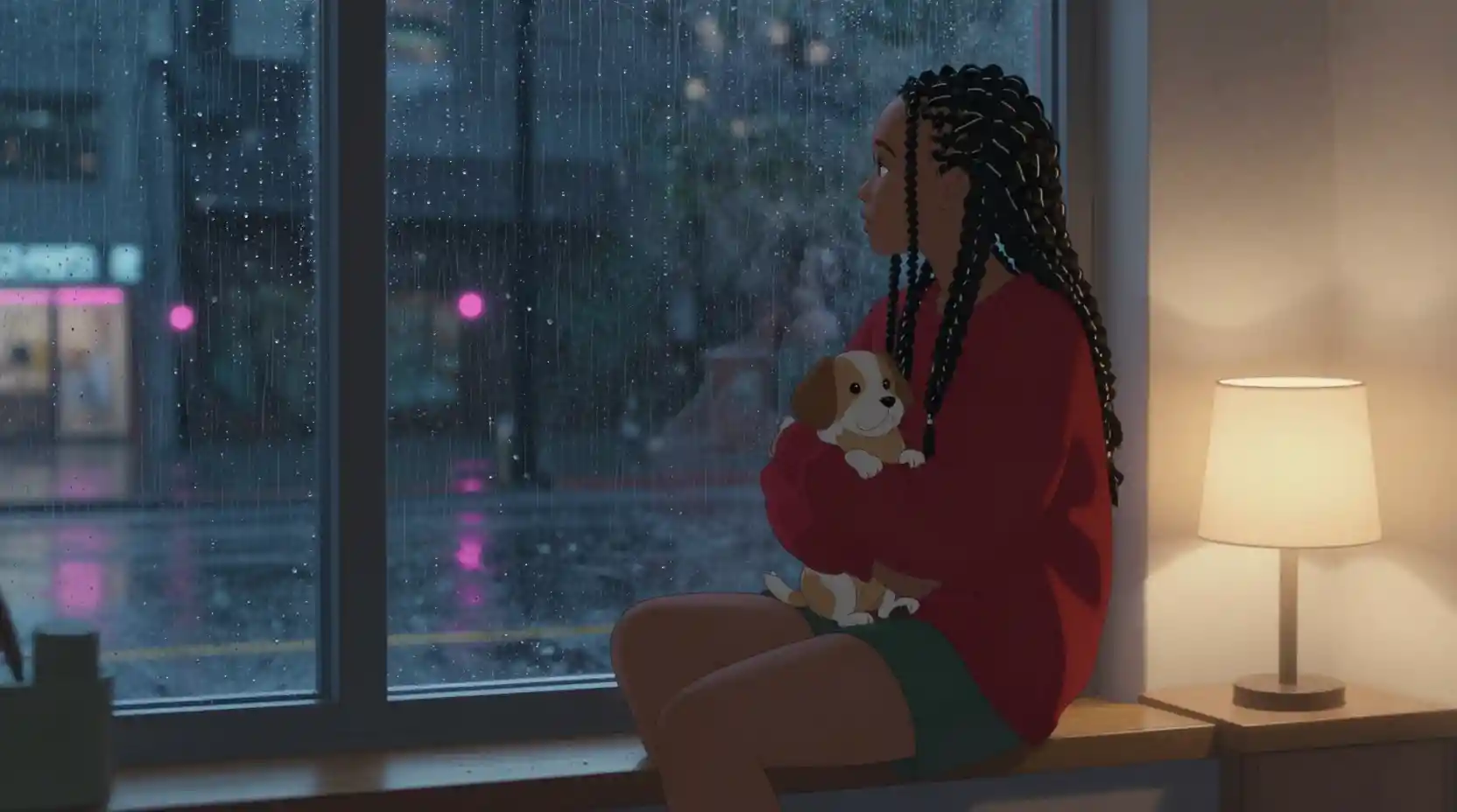Afrofuturistische Anime-Frau am Fenster mit kleinem Hund