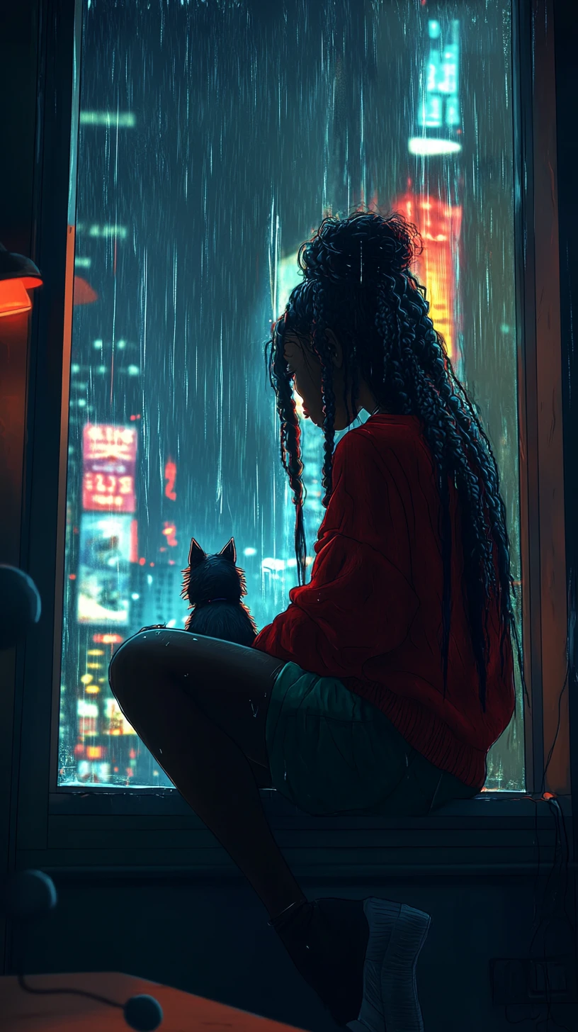 Mujer afrofuturista en la ventana con un perro en una noche lluviosa