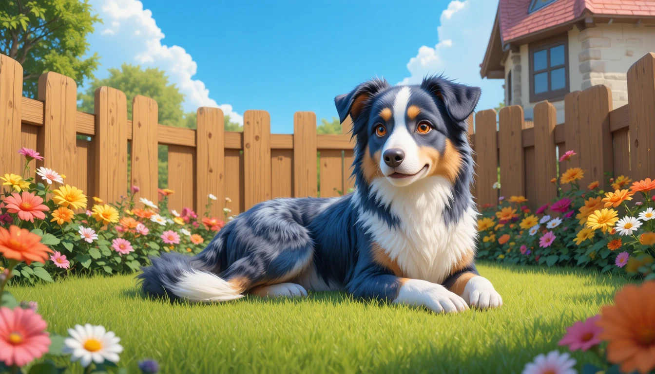 Blue merle shepherd resting in a colorful fenced yard