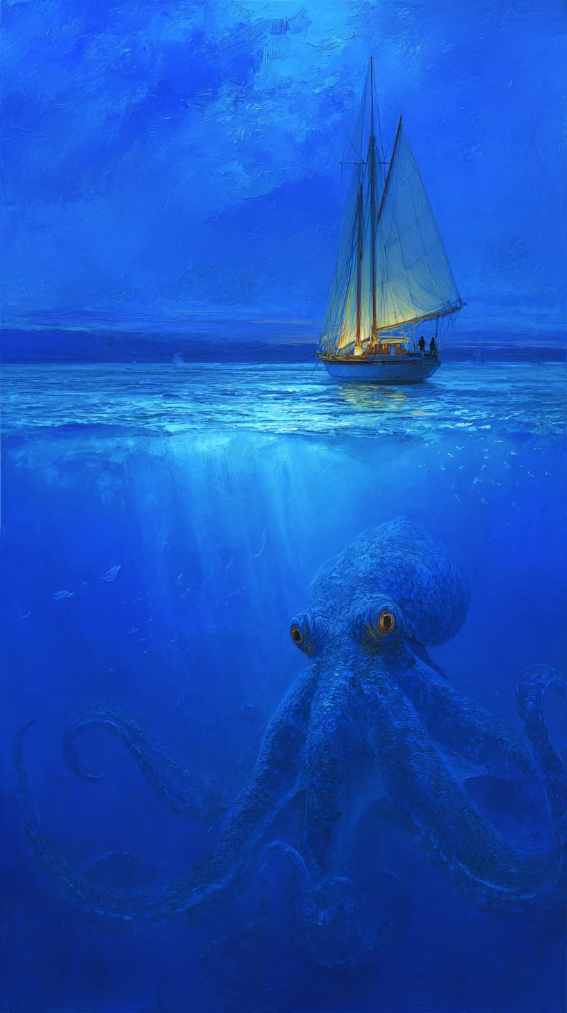 Underwater view of sailboat above looming giant octopus