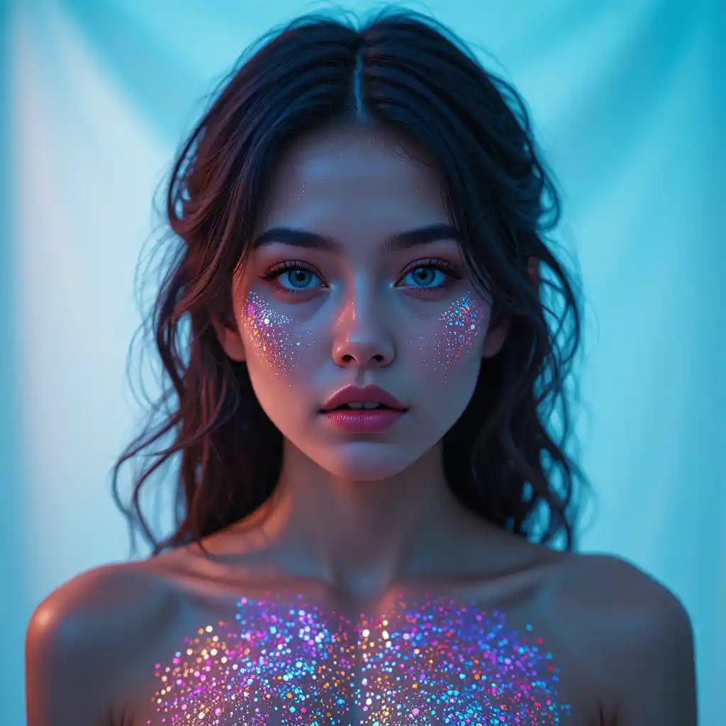Young woman with glowing glitter in dreamy close up portrait