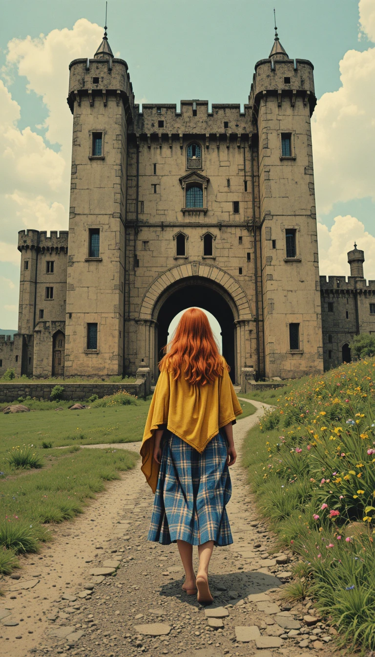 Ragazza dai capelli rossi che cammina verso un enorme castello di pietra