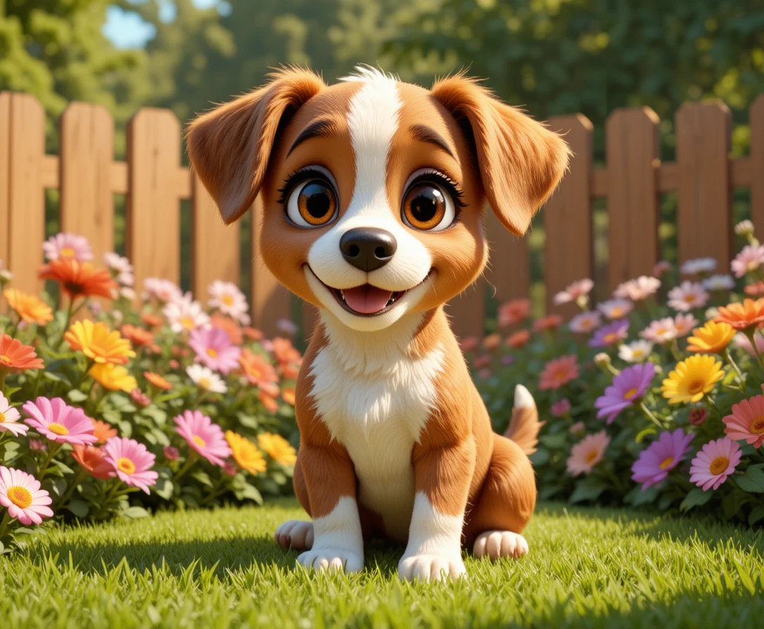 Chiot brun et blanc joueur dans un jardin fleuri ensoleillé