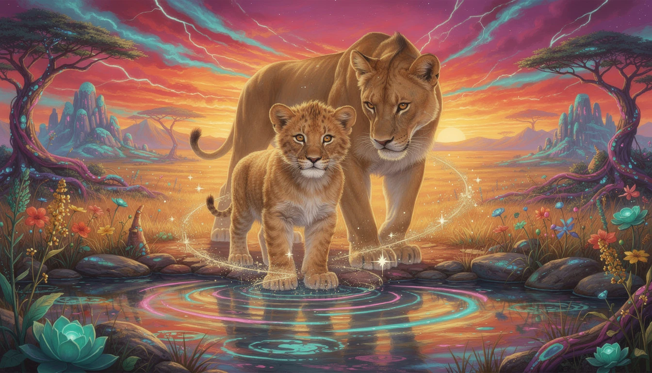 Lion cub and mother at glowing savanna watering hole