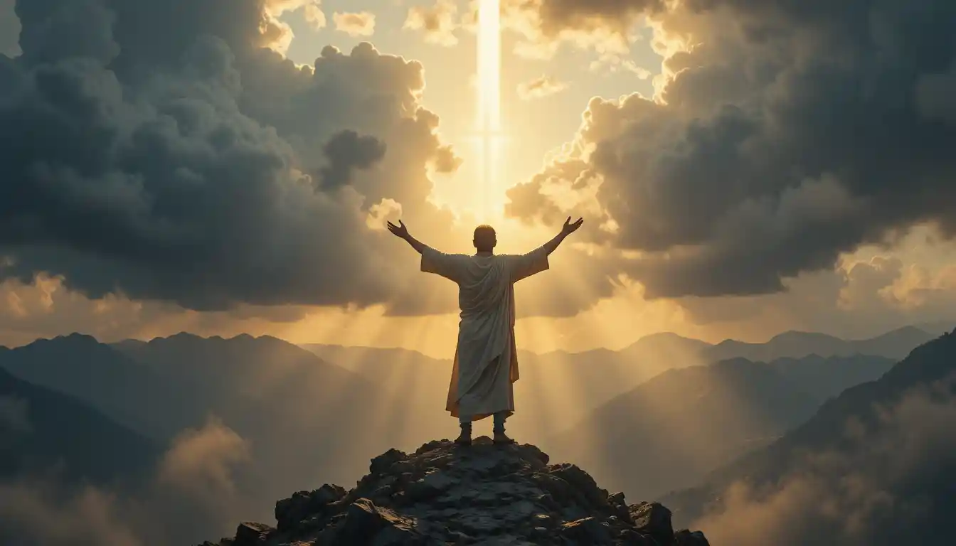 Christlicher Mann auf Berggipfel im göttlichen Licht