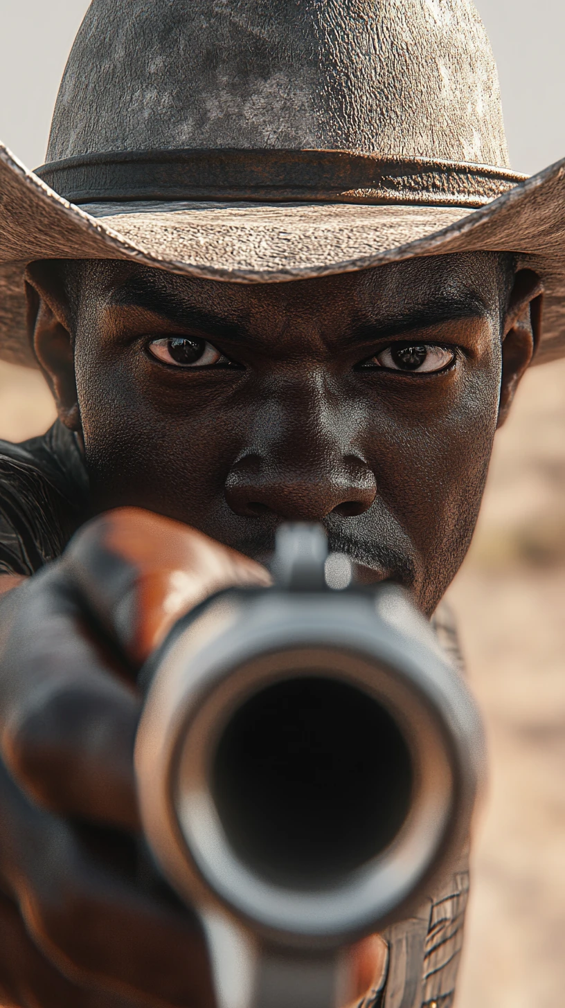 Cowboy afrofuturista mirando o revólver no deserto em close-up