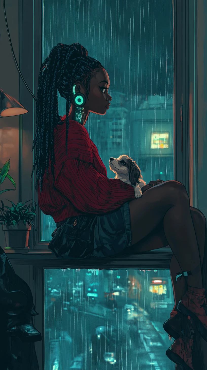 Mujer de anime afrofuturista en ventana nocturna lluviosa con perro
