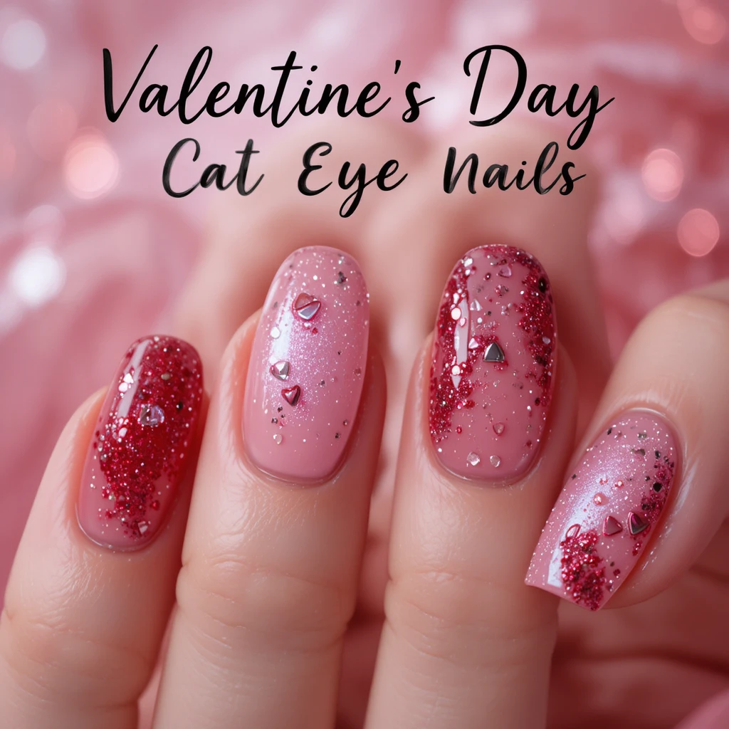 Romantic cat eye nails in pink and red for Valentine