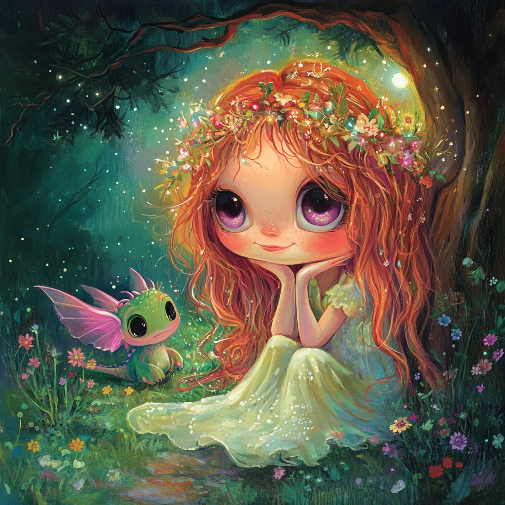 Pink fairy dancing in a moonlit emerald meadow