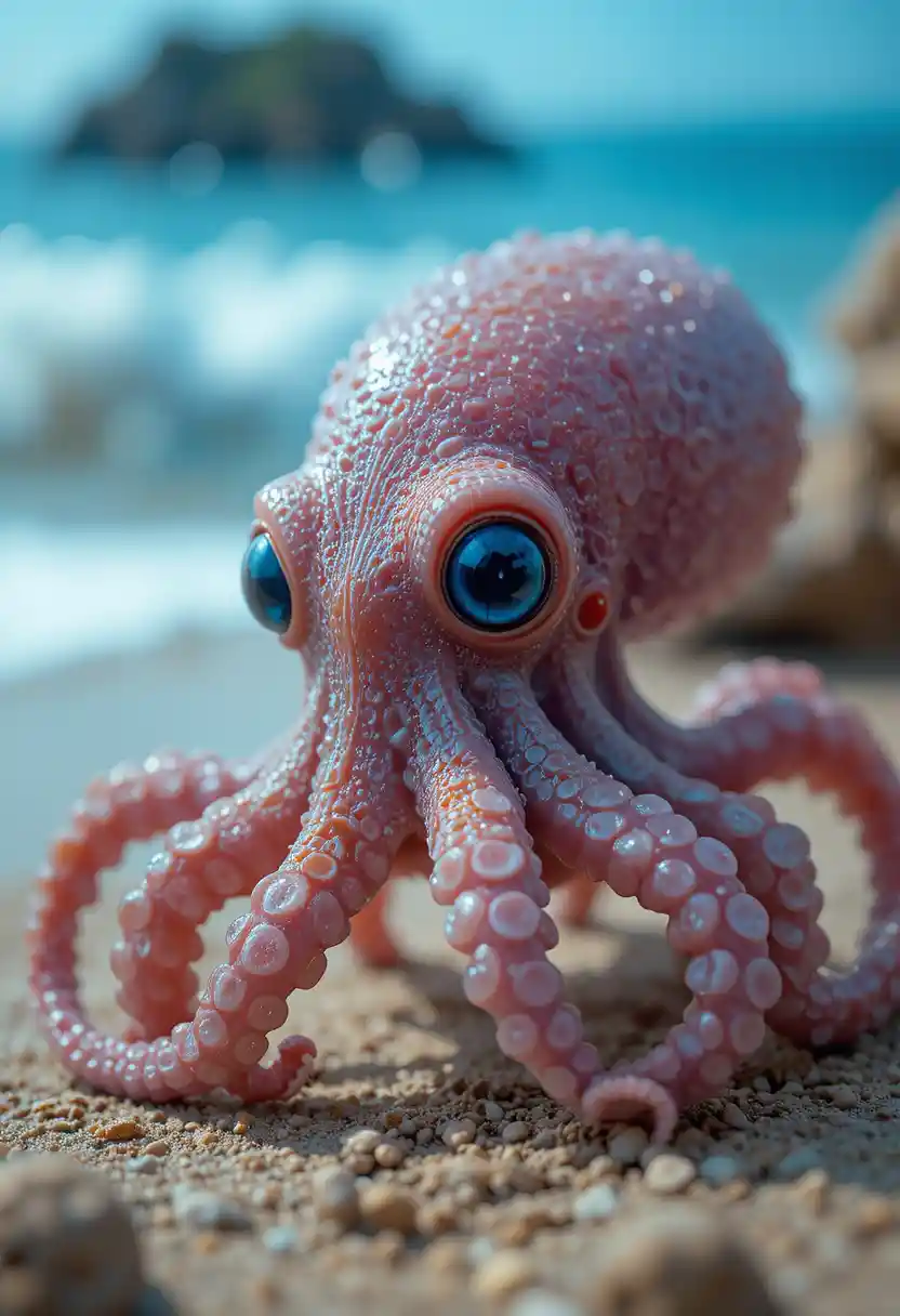 Cute baby octopus with bright eyes on a beach