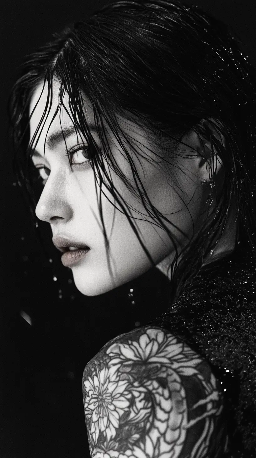Monochrome portrait of an East Asian woman with dragon tattoo