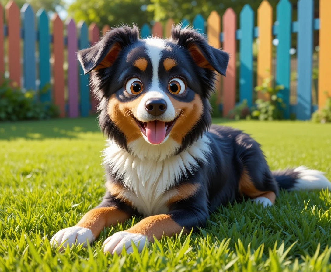 Playful blue merle shepherd resting in a sunny backyard